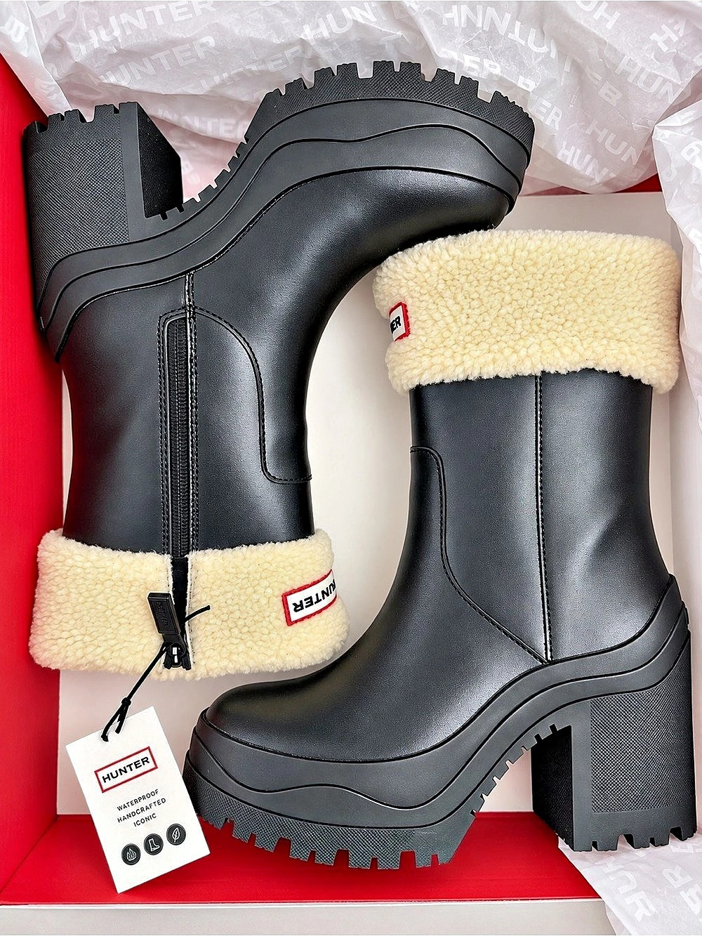 Hunter Marisol Waterproof Faux Shearling Cuff Bootie Black & Cream Fur